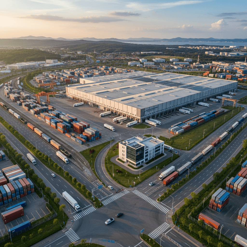 Aerial view of cargo containers at a logistics hub