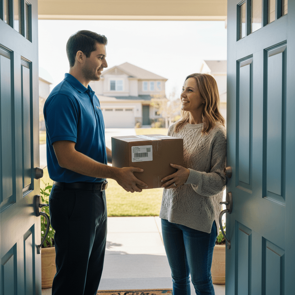 Courier delivery person handing over a package at the door